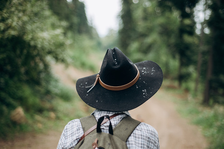 woman-traveler, looking at the amazing mountains and the forest, the concept of travelers, the place for the text, the atmospheric epic momentの写真素材