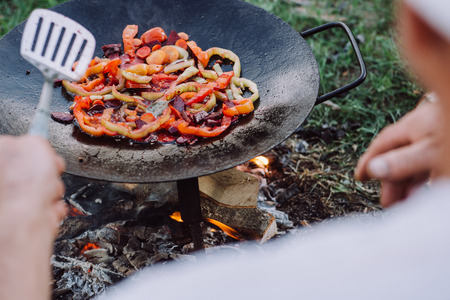 Roasting vegetables in outdoor.の写真素材