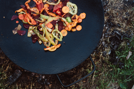 Roasting vegetables in outdoor.の写真素材