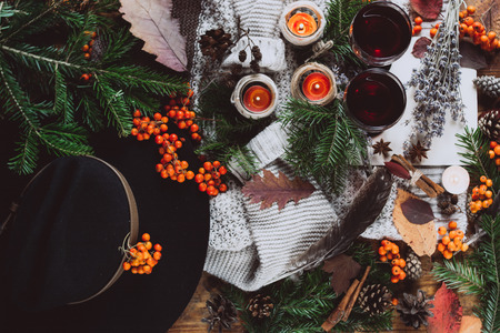 Mulled wine in glasses, red berries, bumps and autumn. Autumn or Winter concept.の写真素材
