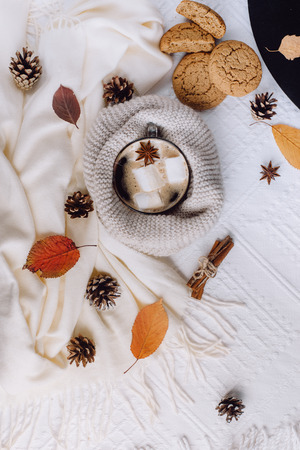 Autumn and Winter composition. Hot coffee with marshmallows, scarf, cookies, bumps and autumn leaves. Flat lay, top viewの写真素材