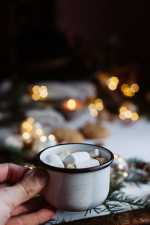 Winter hot drink. Chocolate or cocoa with marshmallow, cookies, candy on white background.の写真素材