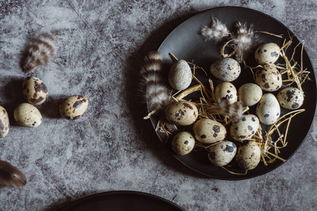 Raw quail eggs on black plate, dark concrete background, top viewの写真素材