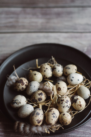 Raw quail eggs on wooden plateの写真素材