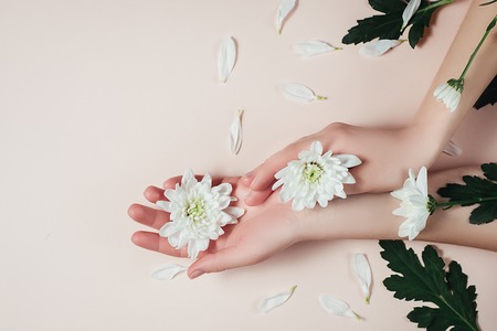 Creative and fashion art skin care of hands and white flowers in hands of women. Female hand with white flowers on pink background. Cosmetics for hands anti wrinkle. Flat lay, top view, copy spaceの写真素材