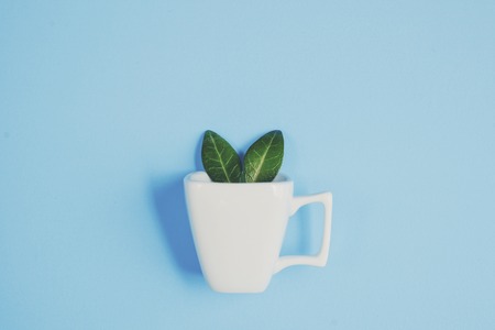 Coffee cup with Bunny rabbit ears made of natural green leaves on blue background. Easter minimal concept. Flat lay.の写真素材
