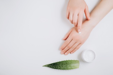 Beautiful groomed woman's hands with organic cream jar and Aloe vera fresh leaves on white background. Moisturizing cream for clean and soft skin. Flat lay, top view, copy space. Healthcare concept.の写真素材