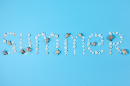 Word "summer" made of seashells on blue background. Minimal style, template for text. Vacation concept. Flat lay, top view, copy spaceの写真素材
