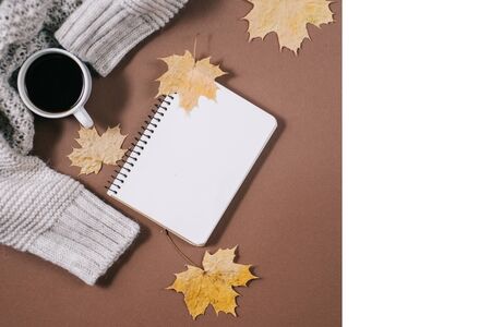Workspace with golden maple leaves, notebook, coffee cup, sweater on brown background. Creative...
