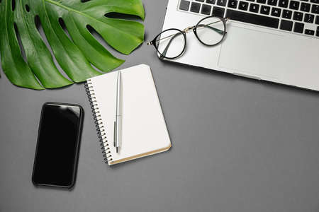 Flat lay, top view office table desk. Workspace with modern smartphone, laptop, pen, monstera leaves, eyeglasses and notebook on gray background minimal style. Template for blog social mediaの写真素材