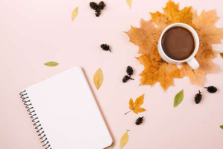 Flat lay composition with dry maple leaves, notebook and coffee latte cup on pink color background. Creative autumn, thanksgiving, fall, halloween concept. Top view, copy spaceのeditorial素材