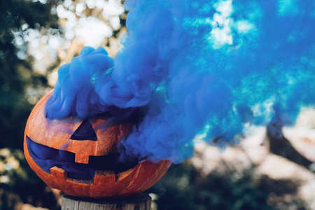 Spooky carved Halloween pumpkin with blue smoke coming out of holes in autumnal woods at sunny day. Concept of Halloween season. Copy spaceの写真素材