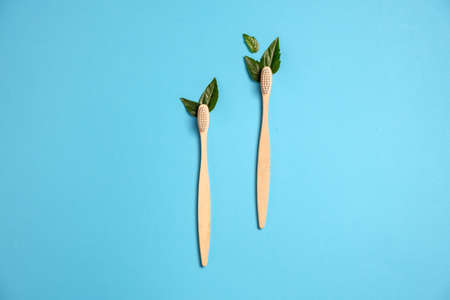 Zero waste. Two wooden bamboo eco friendly toothbrushes and green leaf on blue background. Dental care and Eco friendly and reuse concept. Flat lay, top view, copy spaceの写真素材