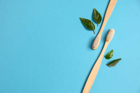 Two wooden bamboo eco friendly toothbrushes and green leaf on blue background. Dental care and zero...