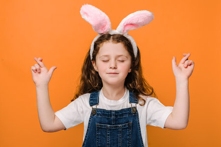 Close up portrait of carefree charming preschool girl kid cross fingers and closing eyes, wears pink...