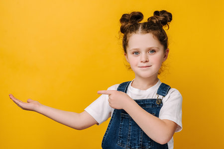 Charming sweet little kid girl raised arm and pointing index fingers aside, wears white t-shirt, isolated on yellow studio background with copy space for advertisement. Childhood lifestyle concept.の写真素材