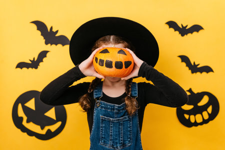 Portrait of funny little girl child in black hat holding small orange pumpkin on face, posing...