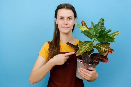 Portrait of happy young woman florist points at pot of green plant likes new type of houseplant for...