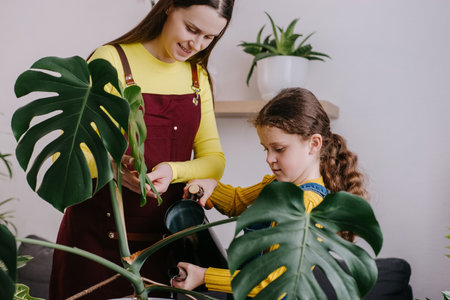 Adorable child girl holding watering can water house plant in pot. Cute little daughter helping smiling mom. Happy young mum teaching kid learning household activity pouring sansevieria at homeの写真素材
