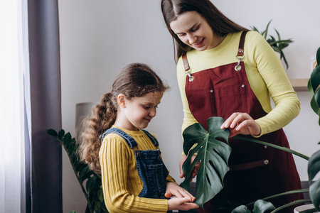 Smiling young mother tells cute daughter how to take care of house plant at home. Happy pretty little girl kid helping beautiful mom to care plants. Concept of hobby, schooler leisure and parentingの写真素材