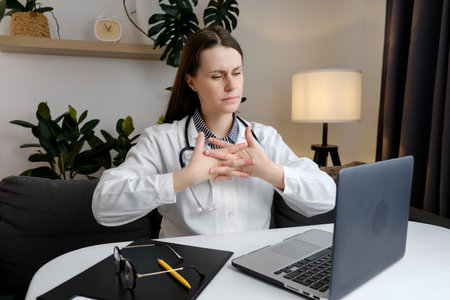 Upset doctor at computer experiences pain and discomfort in hands. Concentrated female general practitioner working at laptop typing on keyboard takes break and kneading fingers. Arthritis conceptの写真素材