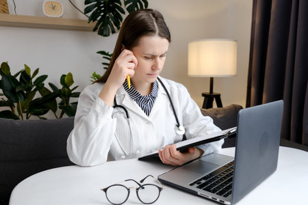 Thoughtful young woman doctor look at office computer screen ponder on establishing correct diagnosis choose treatment. Hard thinking medical study medical file of patient. medical worker conceptの写真素材
