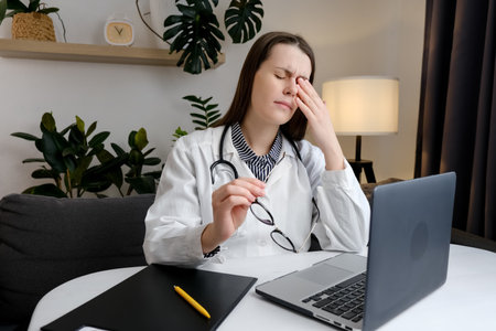 Upset young doctor wearing female uniform and stethoscope therapist sitting at table suffering from eye strain, dry eye syndrome, massaging eyelids, headache. stress and frustration conceptの写真素材