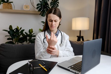 Tired doctor at computer experiences pain and discomfort in hands. Concentrated woman general practitioner working at laptop and suffering from wrist pain sitting at table in clinic. Arthritis conceptの写真素材