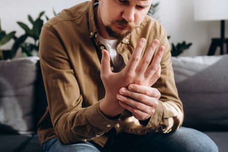 Selective focus of unhealthy tired young bearded man 30s with wrist pain tries to relieve suffering sitting on sofa in living room at home. Wrist male hand with arthritic joints. Wrist pain conceptの写真素材