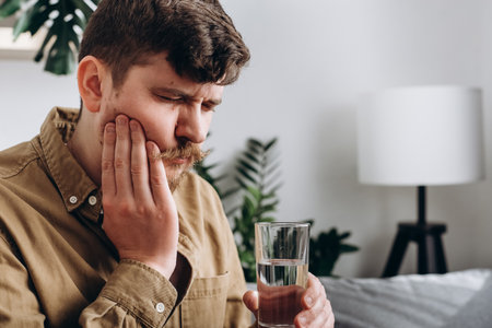 Close up of sad young man feel terrible toothache after drink cold water. Male 30s sitting on sofa at home touching cheek, feel hurt and suffering from sensitive tooth ache. Pain and cavities conceptの写真素材