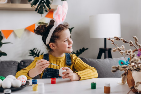 Easter Family traditions concept. Dreamy happy little girl child playing, drawing and decorating egg. Beautiful smiling small kid paint and decorate eggs for traditional spring holiday at homeの写真素材