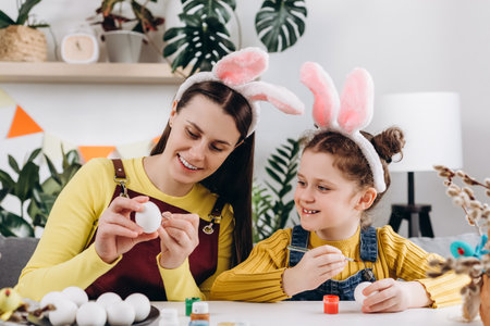 Attractive young mother and cute little daughter child sitting at white table painting small eggs for traditional spring dinner. Happy family is preparing for easter. holiday and children conceptの写真素材