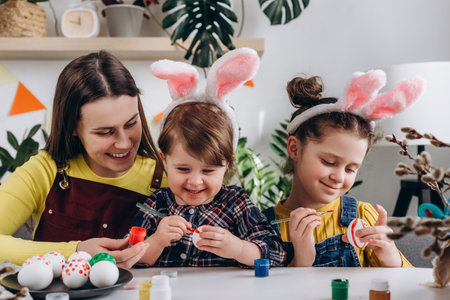Loving young mom and two cute little daughters decorating eggs with paints for Easter holidays while sitting together at decorated table. Funny family wearing bunny ears painting eggs on Easter dayの写真素材