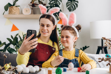 Smiling young mom and pretty daughter with funny bunny ears take selfies and have fun. Positive mom and cute little girl child sit at table in festively decorated room at home. happy easter conceptの写真素材