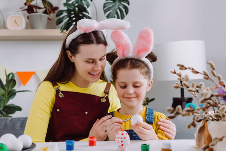Loving beautiful smiling young mother and sweet little daughter sitting together at white table painting eggs. Happy family preparing for Easter. Pretty little girl child and mom wearing bunny earsの写真素材