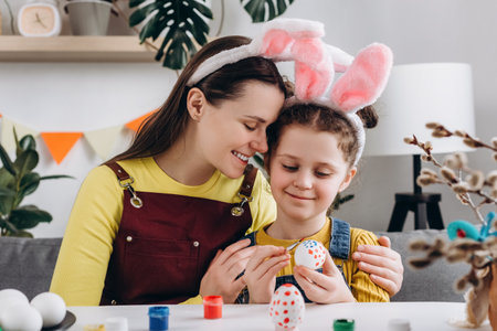 Loving young mother hugging pretty little daughter child, happy family painting eggs sitting at table, wears bunny ears. Easter celebration and traditions. Concept of creativity and spring holidayの写真素材