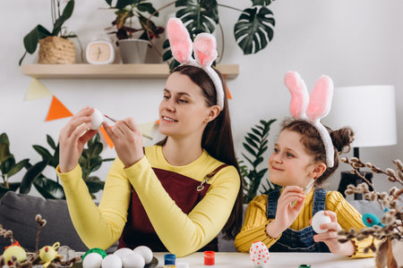Joyful smiling young mom and sweet little daughter celebrating easter, mother with child in fluffy paint bunny ears paint eggs in cozy home room. Family fun holiday preparation. happy easter conceptの写真素材