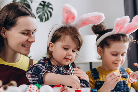 Close up of happy young mom and two little daughters decorating eggs with paints for Easter holidays while sit together at decorated table. Funny family wearing bunny ears painting eggs on Easter dayの写真素材