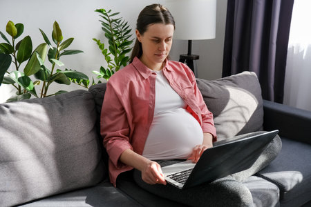 Close up of cute pregnant woman sitting on cozy sofa working from home, typing on pc laptop at big belly indoors, using online app, chatting, shopping on Internet, consulting doctor. freelance conceptの写真素材