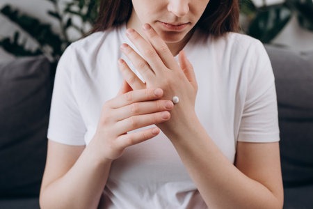 Best Skin Moisturizer. Close up of beautiful young caucasian woman applying hand cream. Attractive millennial lady client do daily beauty spa procedures or treatment at home. beauty skin conceptの写真素材