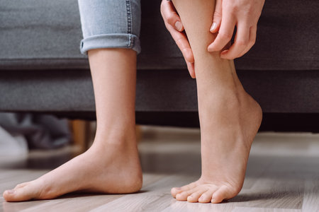 Foot pain concept. Close up of young woman with scratched feet, itch foot, problem itchy skin on...