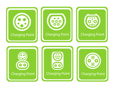 Green Eco Electric Fuel Pump Vector Icon . Road sign template of electric vehicle. Vector illustration of minimalistic flat design Charger input options.のイラスト素材