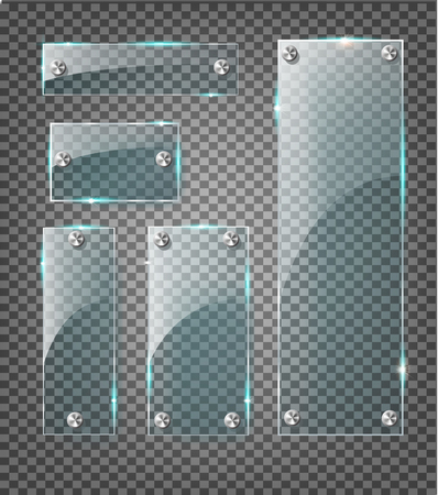 Transparent Glass plates set. Square shape, rectangle and round circle. See through mock up with mounts. Plastic banners with reflection and shadow. Photo realistic vector illustrationのイラスト素材