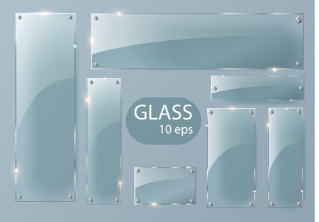 Transparent Glass plates set. Square shape, rectangle and round circle. See through mock up with mounts. Plastic banners with reflection and shadow. Photo realistic vector illustrationのイラスト素材