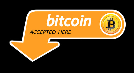 Bitcoin logo of crypto currency with an inscription accepted here on a black background. Block sticker for slabbarking organizations for web pages or printing. Logo bitcoins .Vector illustrationのイラスト素材