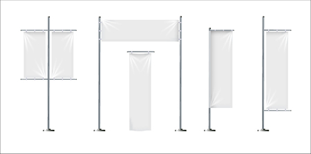 Vector set of three blank, textile banners or flags in various shapes, for brand promotion, marketing, advertisement isolated on background. Outdoor, portable pole with cloth, mockup for your designのイラスト素材