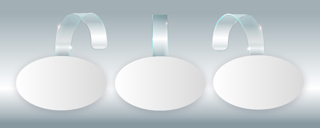 Blank white wobbler hang on wall mock up, 3d rendering. Space round paper mockup on plastic transparent strip. Clear price sticker oval shape. Pricing tag label template isolated.の写真素材