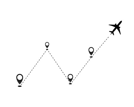 Airplane line path vector icon of air plane flight route dash line trace with start point . Vector...