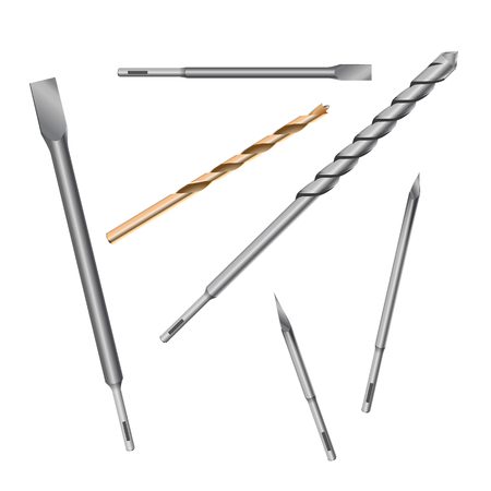 Realistic 3d Detailed Metallic Drill Bits Set Tools for Construction Work, Drilling Hole. Vector illustration EPS10のイラスト素材