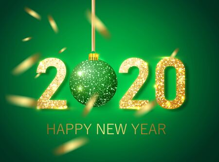 Happy new year 2020 banner.Golden green Vector luxury text 2020 Happy new year. Gold Festive Numbers Design.のイラスト素材
